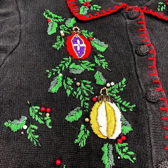 Womens Vtg Christmas Cardigan Sweater BP Design Medium Black Embroidered Beaded - Picture 6 of 16